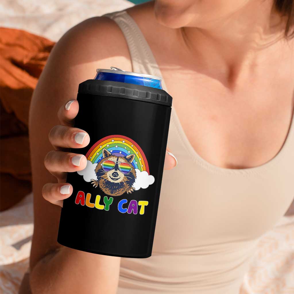 Ally Street Cat Rainbow Raccoon 4 in 1 Can Cooler Tumbler Funny LGBTQ+ Pride Support
