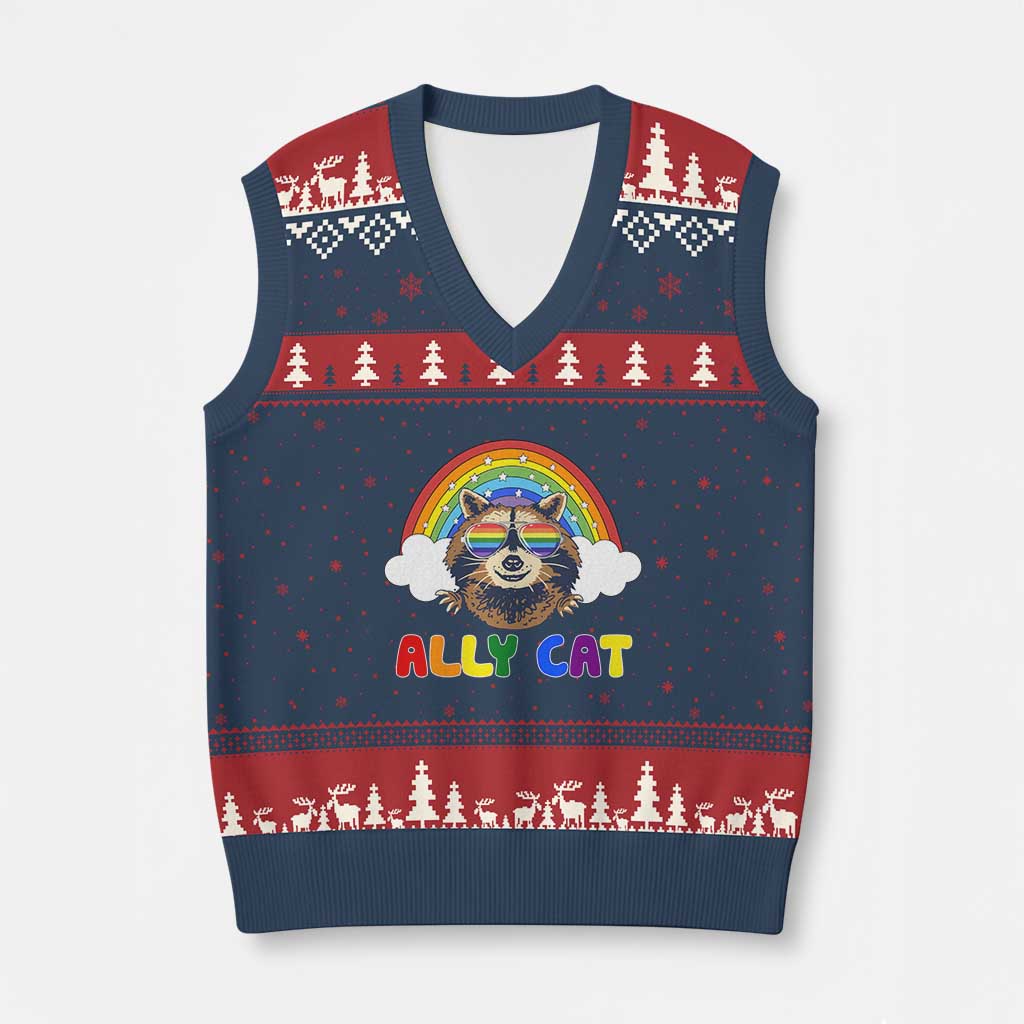 Ally Street Cat Rainbow Raccoon V-Neck Knit Sweater Vest Funny LGBTQ+ Pride Support - Wonder Print Shop