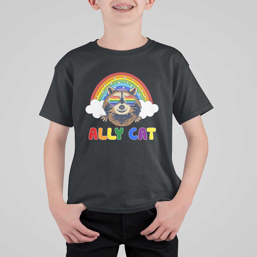 Ally Street Cat Rainbow Raccoon T Shirt For Kid Funny LGBTQ+ Pride Support