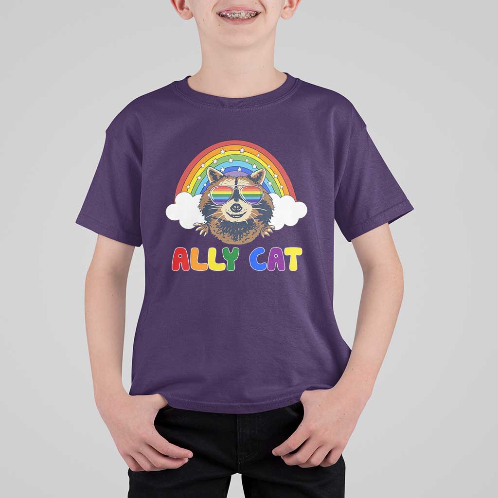 Ally Street Cat Rainbow Raccoon T Shirt For Kid Funny LGBTQ+ Pride Support