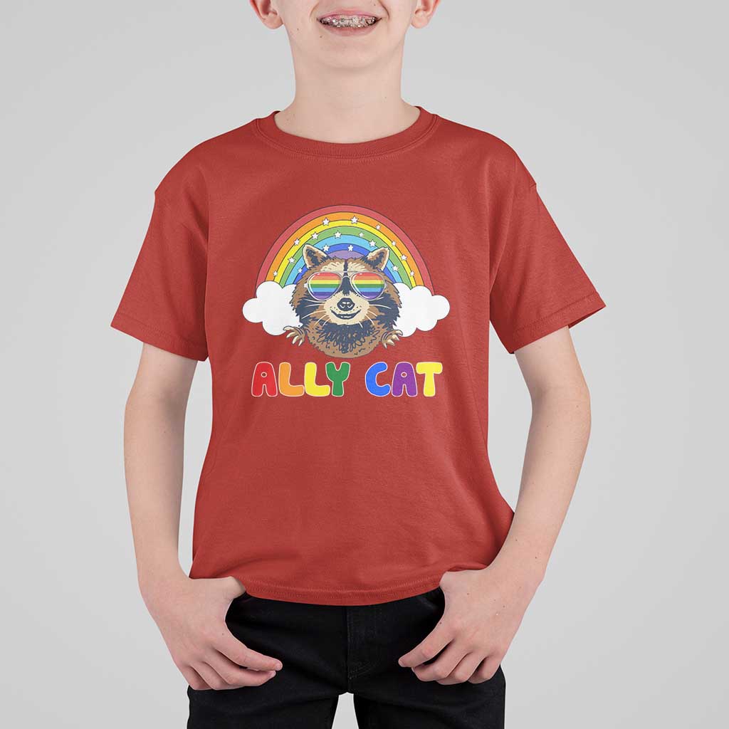 Ally Street Cat Rainbow Raccoon T Shirt For Kid Funny LGBTQ+ Pride Support