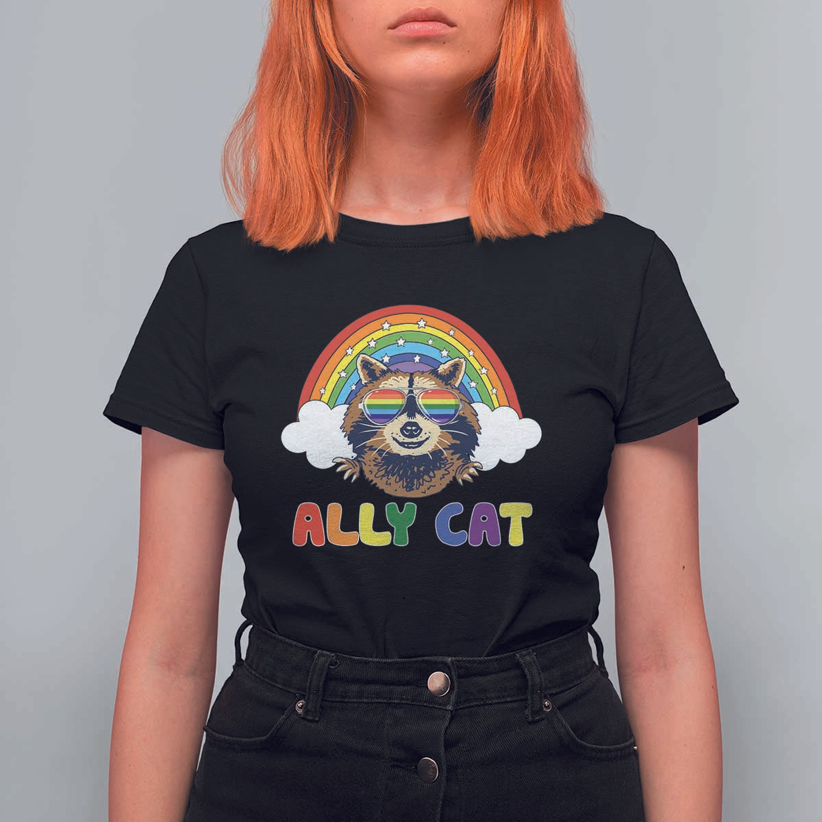 Ally Street Cat Rainbow Raccoon T Shirt For Women Funny LGBTQ+ Pride Support