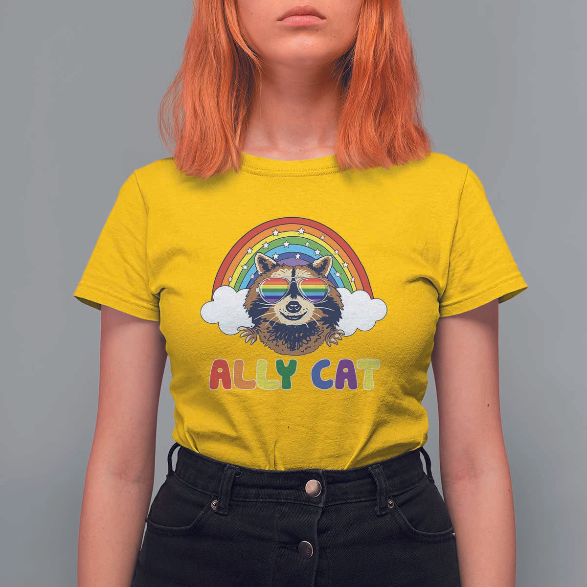Ally Street Cat Rainbow Raccoon T Shirt For Women Funny LGBTQ+ Pride Support