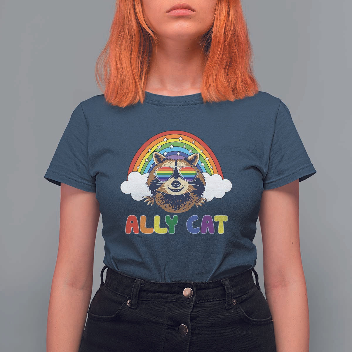 Ally Street Cat Rainbow Raccoon T Shirt For Women Funny LGBTQ+ Pride Support