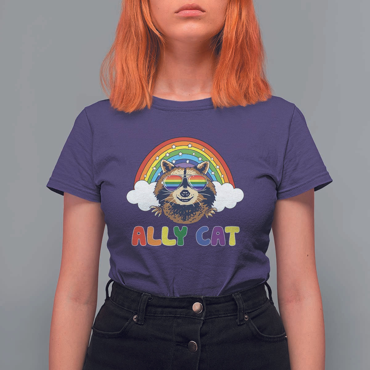 Ally Street Cat Rainbow Raccoon T Shirt For Women Funny LGBTQ+ Pride Support