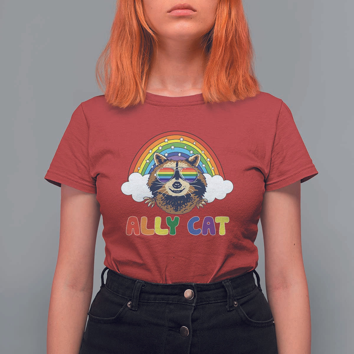 Ally Street Cat Rainbow Raccoon T Shirt For Women Funny LGBTQ+ Pride Support