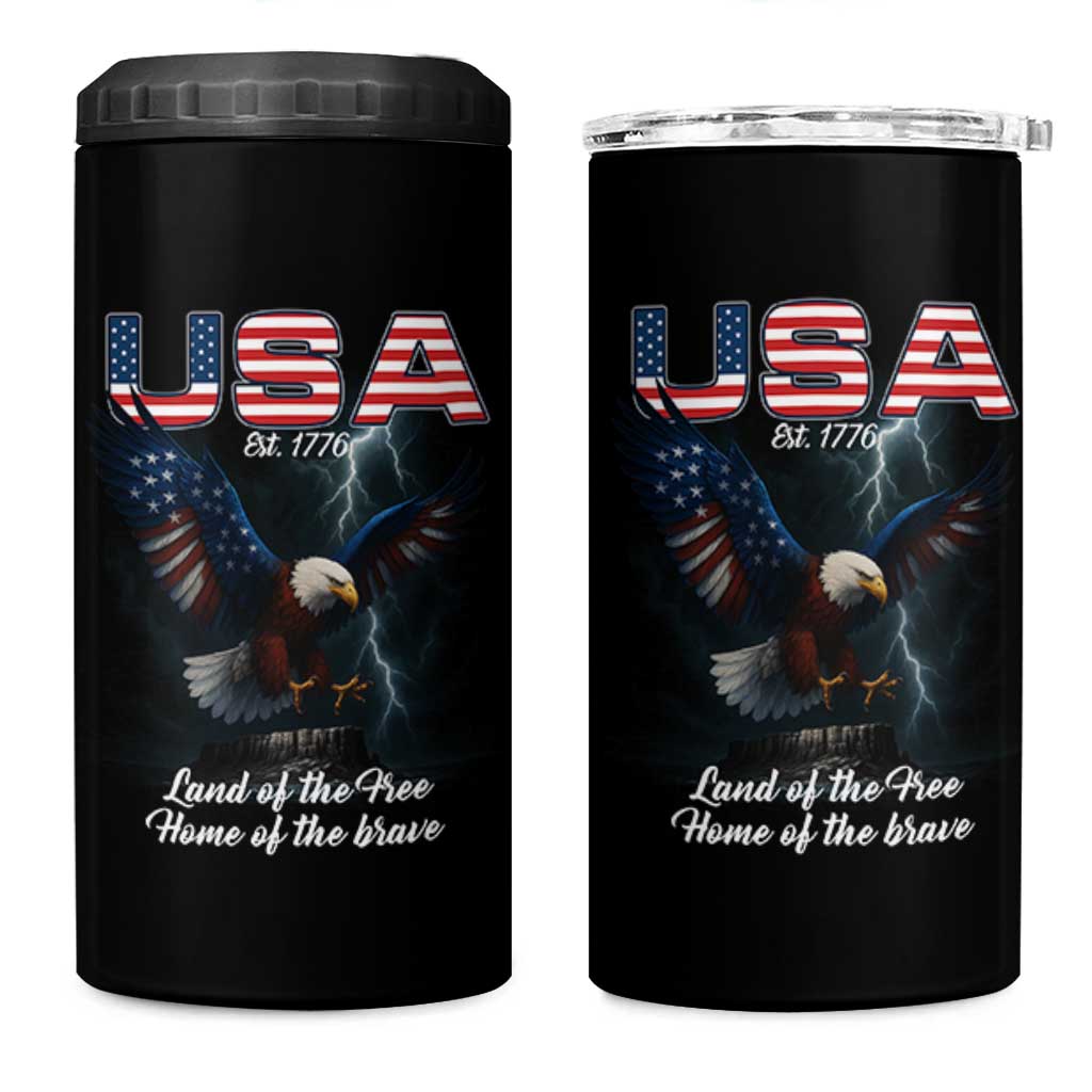 Bold Patriotic American Eagle 4 in 1 Can Cooler Tumbler Land of the Free Home of the Brave Est 1776
