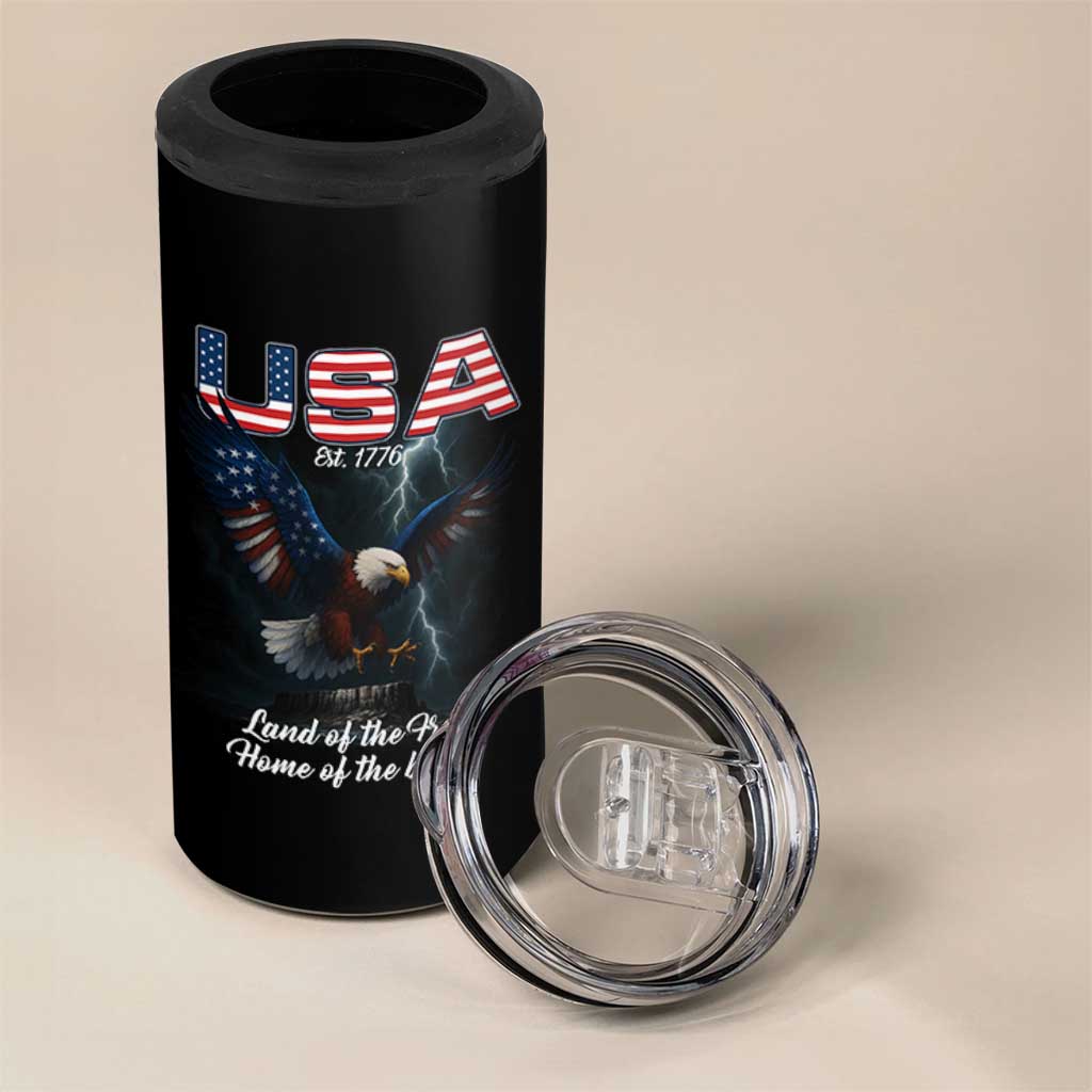 Bold Patriotic American Eagle 4 in 1 Can Cooler Tumbler Land of the Free Home of the Brave Est 1776