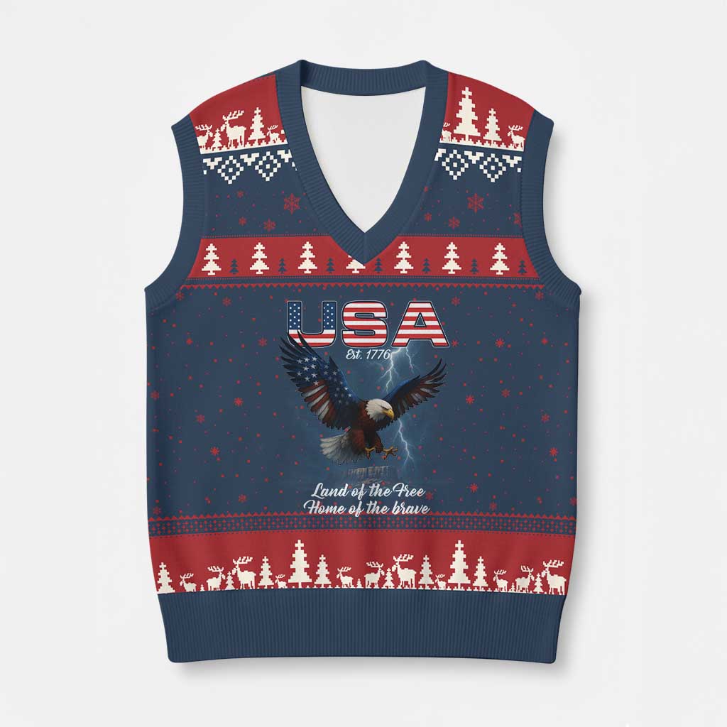 Bold Patriotic American Eagle V-Neck Knit Sweater Vest Land of the Free Home of the Brave Est 1776 - Wonder Print Shop