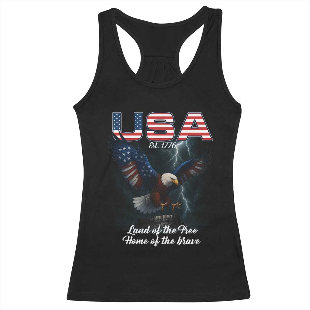 Bold Patriotic American Eagle Racerback Tank Top Land of the Free Home of the Brave Est 1776