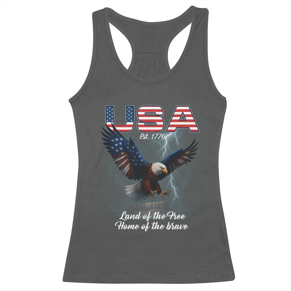 Bold Patriotic American Eagle Racerback Tank Top Land of the Free Home of the Brave Est 1776