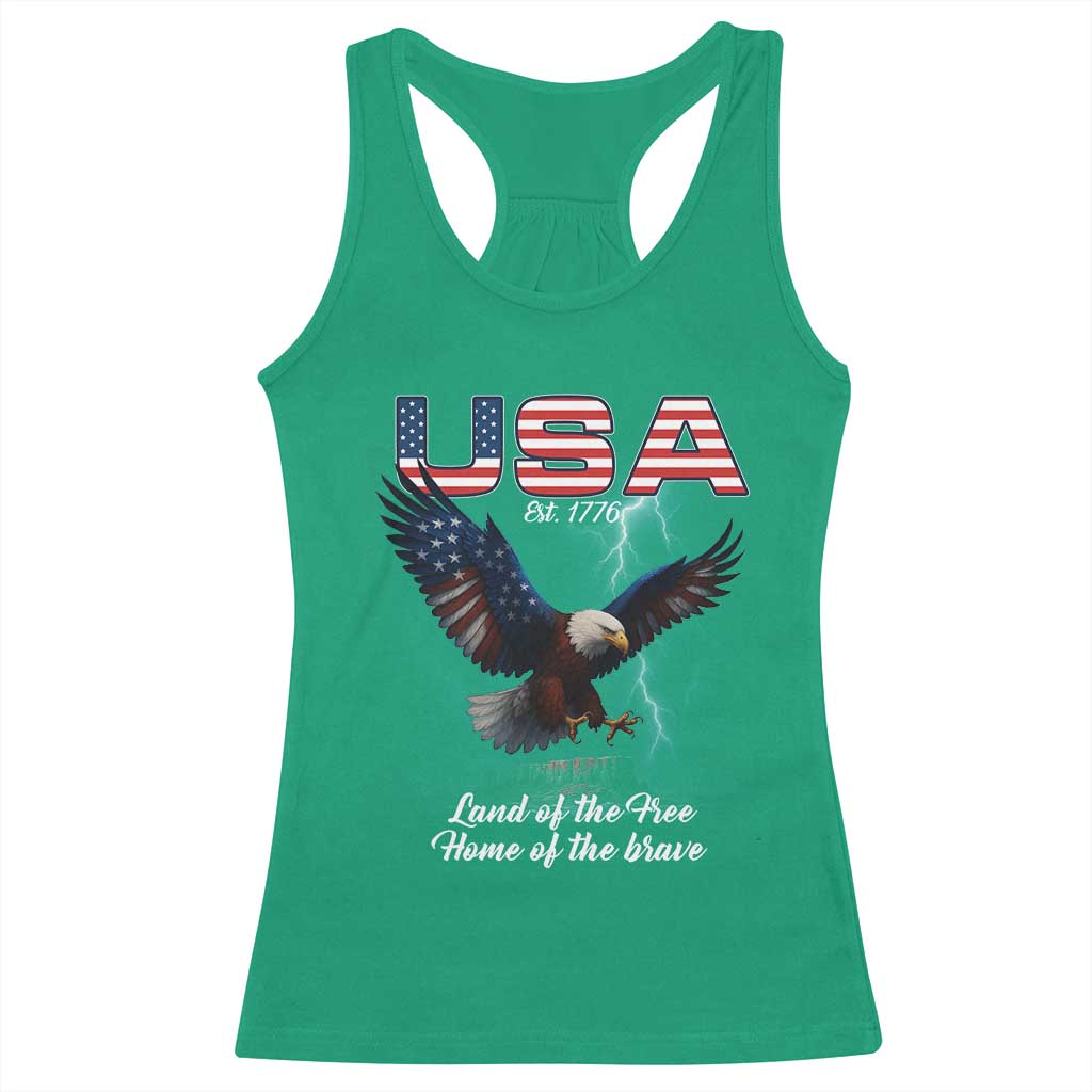 Bold Patriotic American Eagle Racerback Tank Top Land of the Free Home of the Brave Est 1776