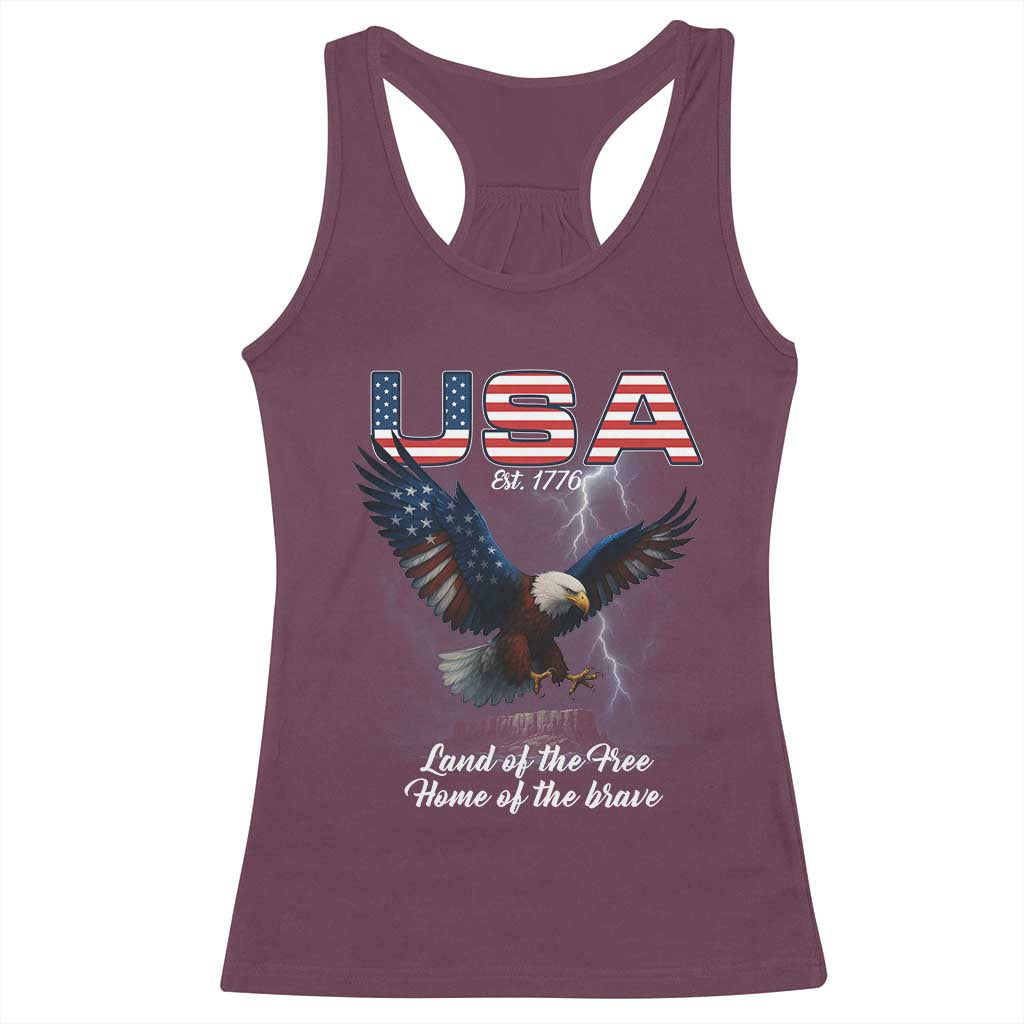 Bold Patriotic American Eagle Racerback Tank Top Land of the Free Home of the Brave Est 1776