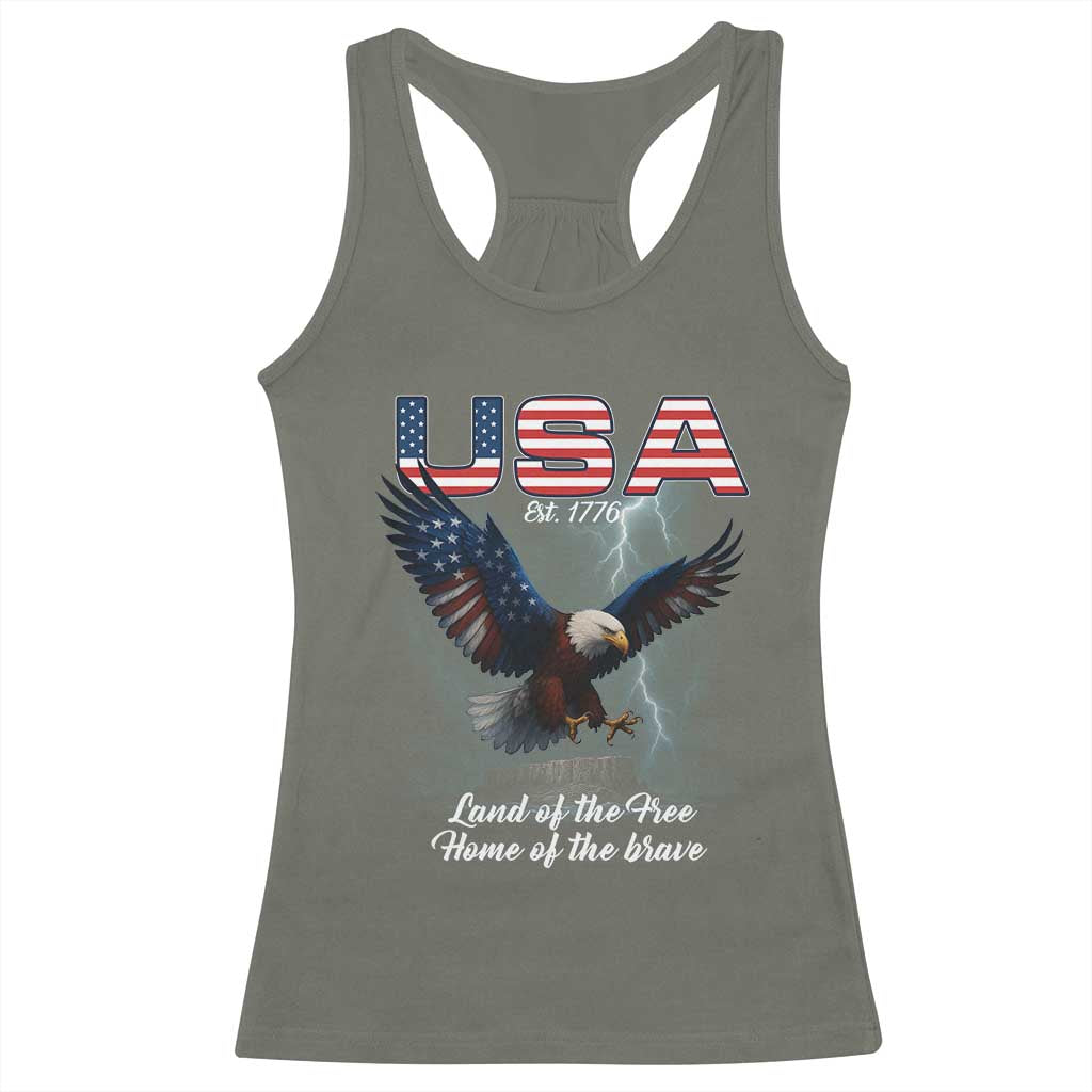 Bold Patriotic American Eagle Racerback Tank Top Land of the Free Home of the Brave Est 1776