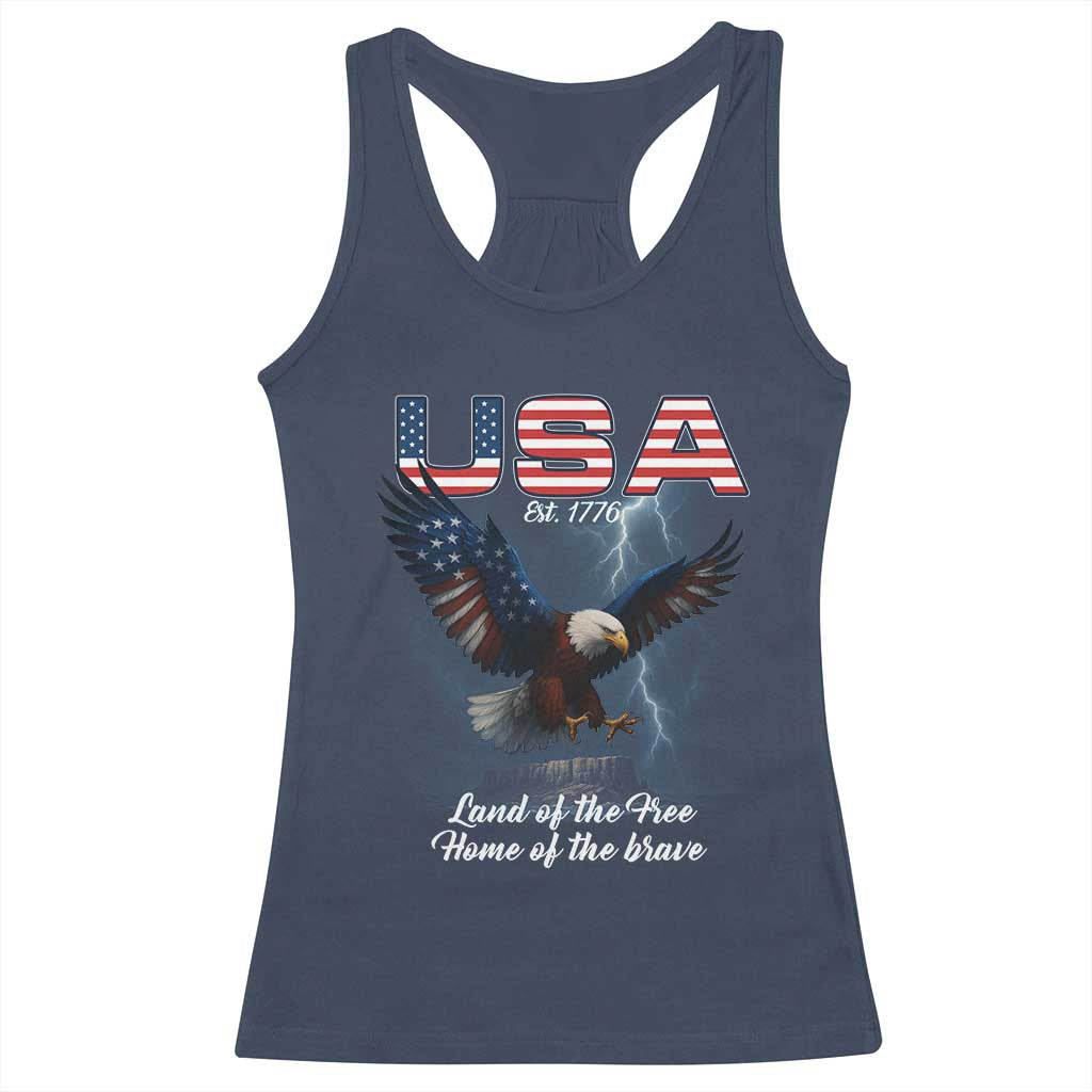 Bold Patriotic American Eagle Racerback Tank Top Land of the Free Home of the Brave Est 1776