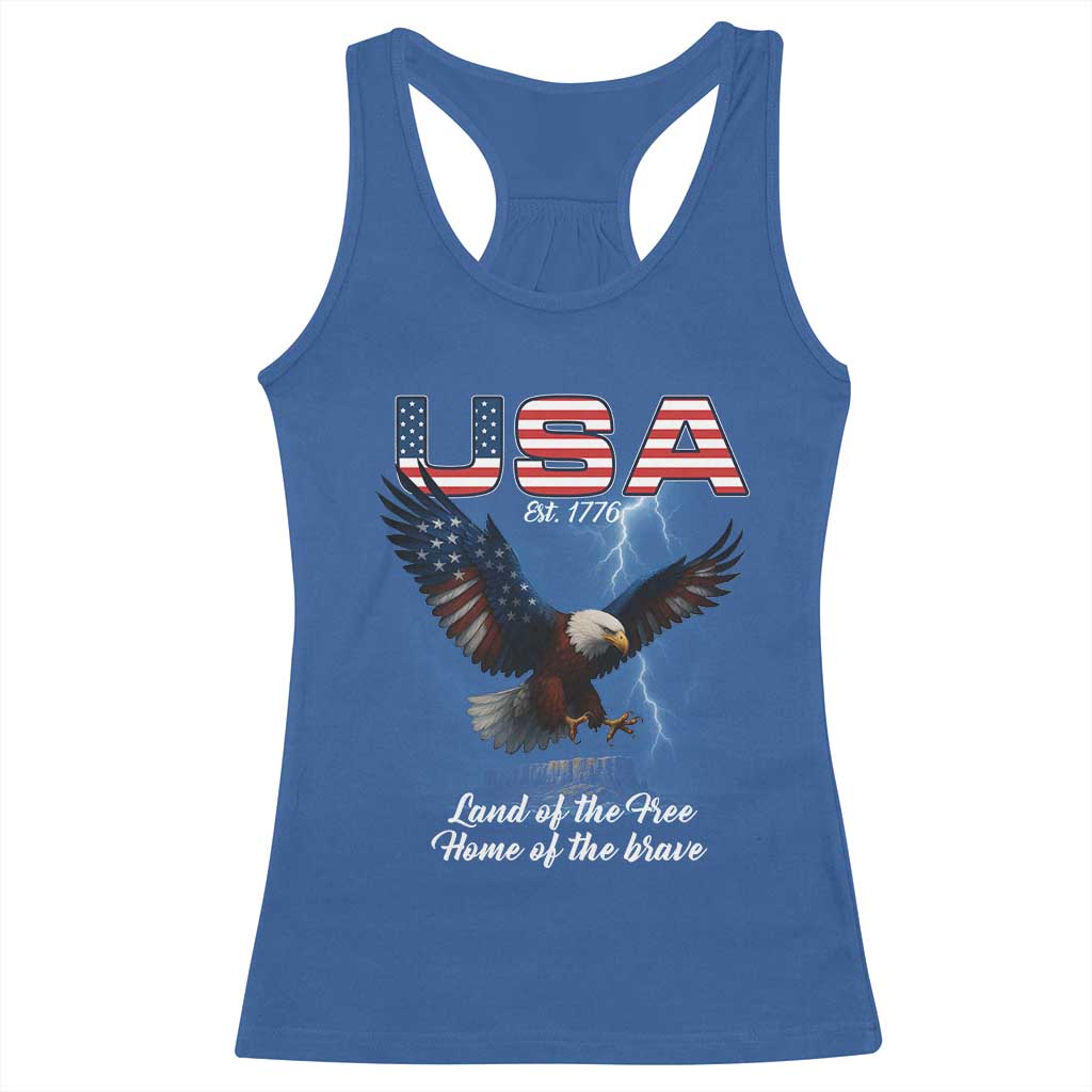Bold Patriotic American Eagle Racerback Tank Top Land of the Free Home of the Brave Est 1776