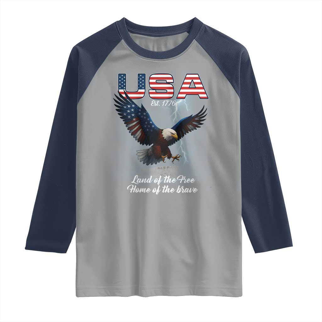 Bold Patriotic American Eagle Raglan Shirt Land of the Free Home of the Brave Est 1776