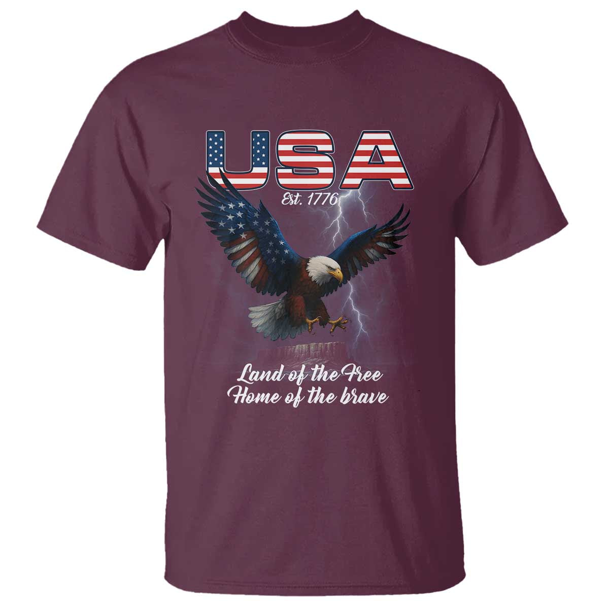 Bold Patriotic American Eagle T Shirt Land of the Free Home of the Brave Est 1776