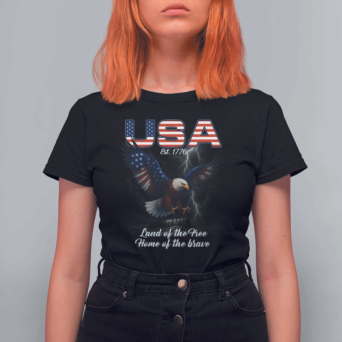 Bold Patriotic American Eagle T Shirt For Women Land of the Free Home of the Brave Est 1776