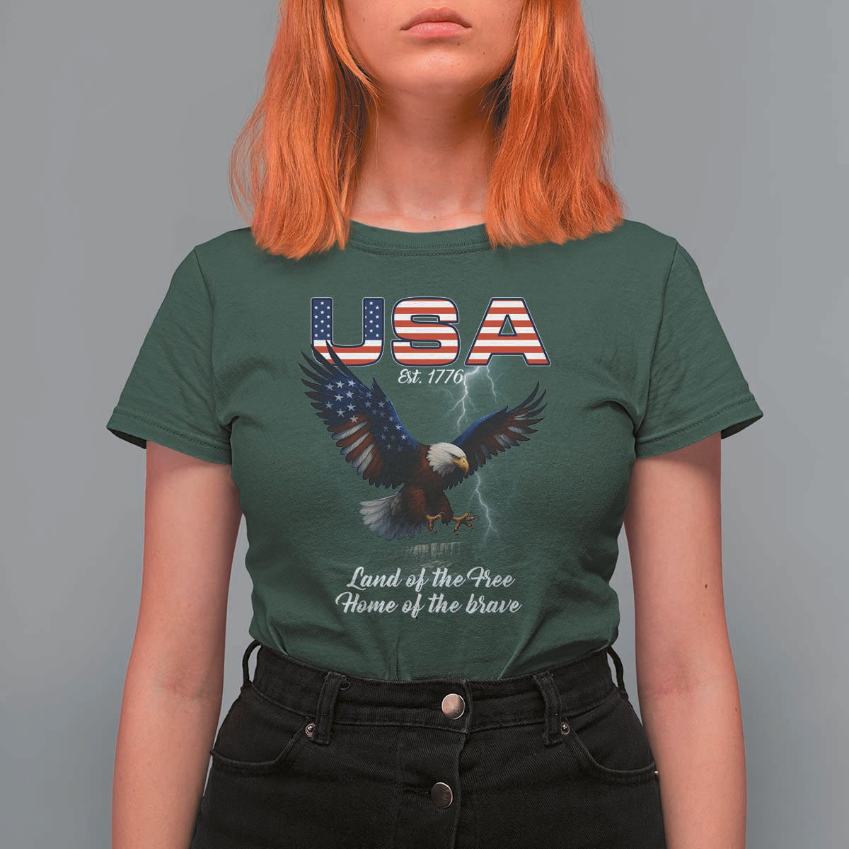 Bold Patriotic American Eagle T Shirt For Women Land of the Free Home of the Brave Est 1776
