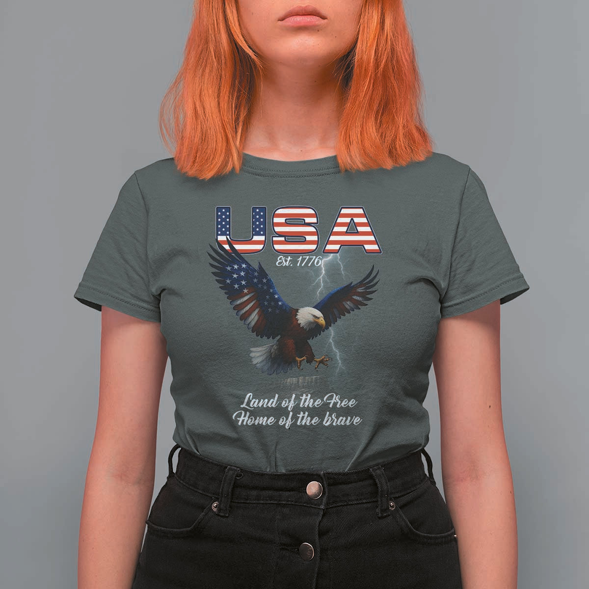 Bold Patriotic American Eagle T Shirt For Women Land of the Free Home of the Brave Est 1776