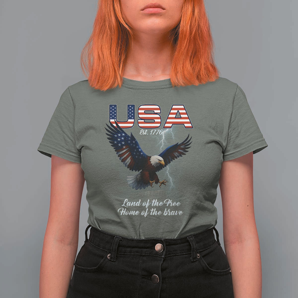 Bold Patriotic American Eagle T Shirt For Women Land of the Free Home of the Brave Est 1776