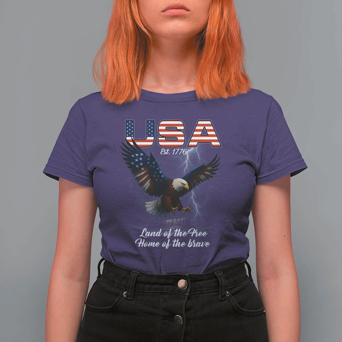 Bold Patriotic American Eagle T Shirt For Women Land of the Free Home of the Brave Est 1776
