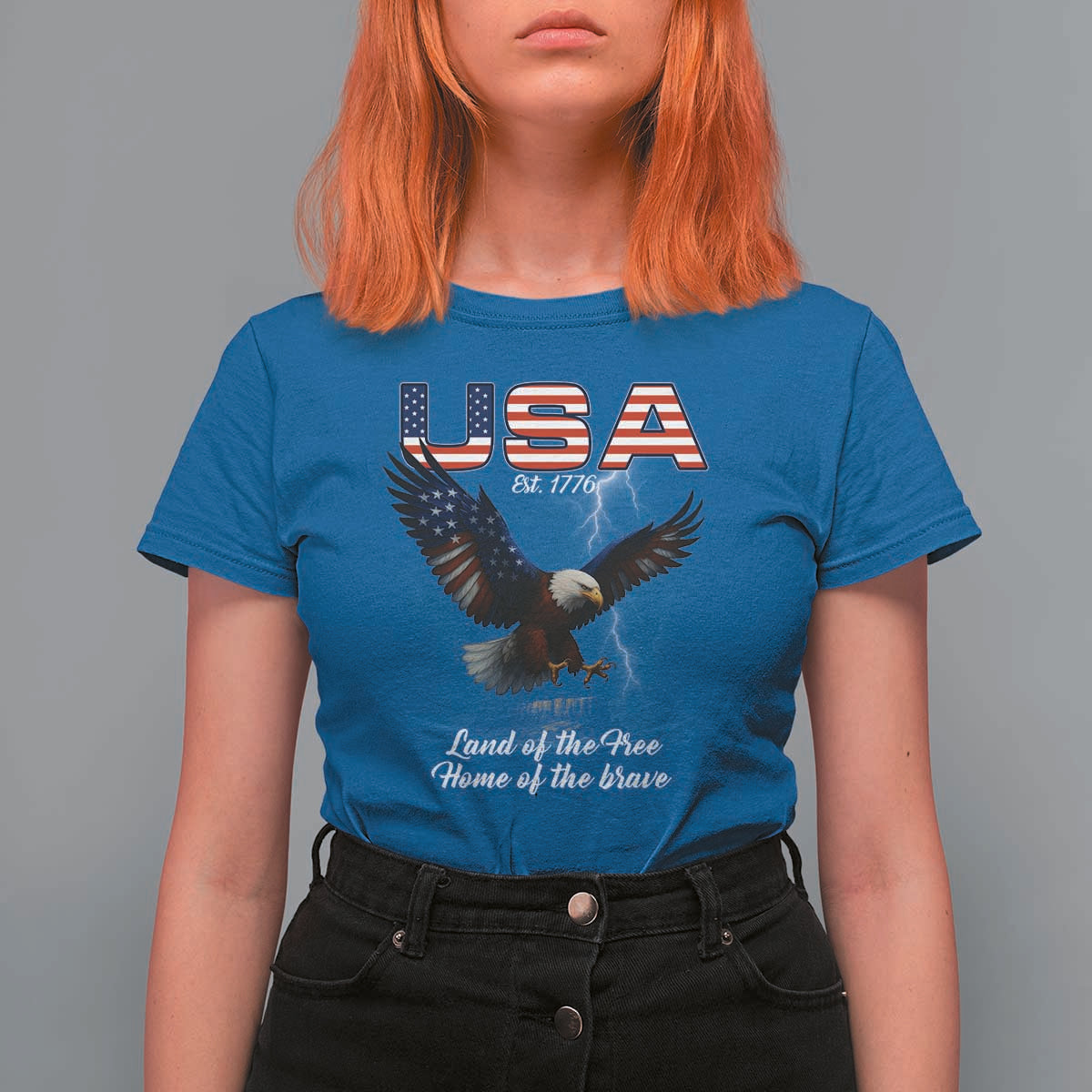 Bold Patriotic American Eagle T Shirt For Women Land of the Free Home of the Brave Est 1776