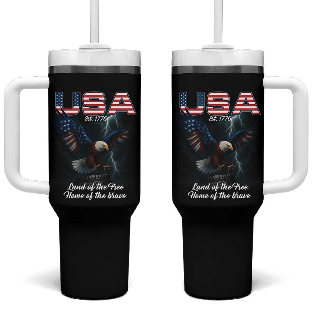 Bold Patriotic American Eagle Tumbler With Handle Land of the Free Home of the Brave Est 1776