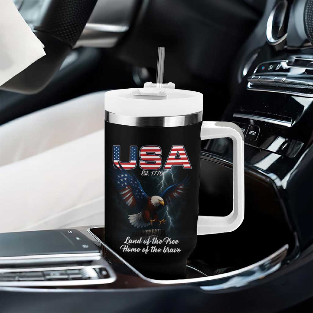 Bold Patriotic American Eagle Tumbler With Handle Land of the Free Home of the Brave Est 1776