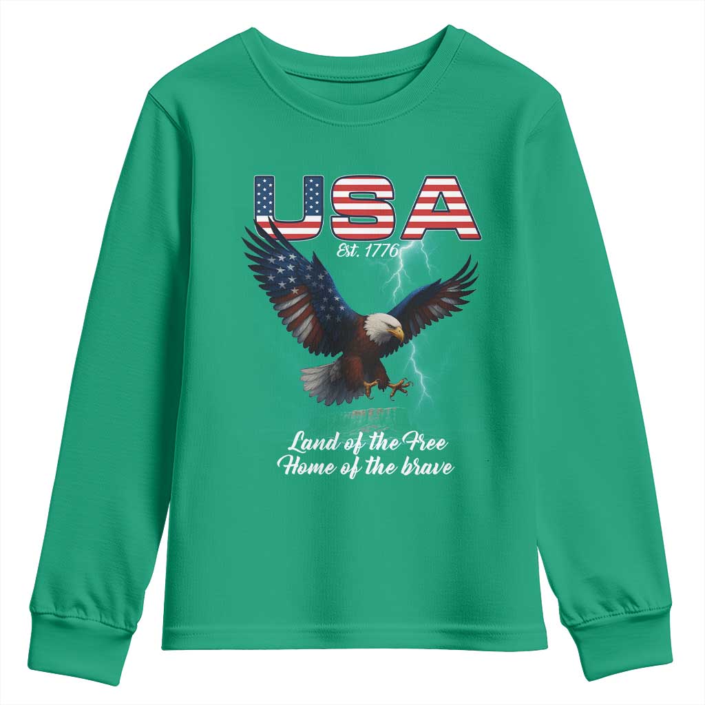 Bold Patriotic American Eagle Youth Sweatshirt Land of the Free Home of the Brave Est 1776