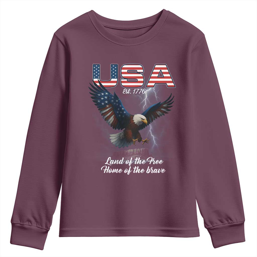 Bold Patriotic American Eagle Youth Sweatshirt Land of the Free Home of the Brave Est 1776