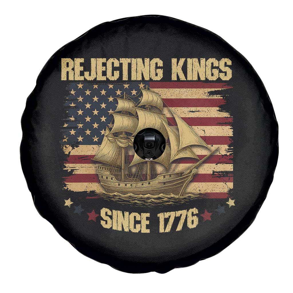 Rejecting Kings Since 1776 Spare Tire Cover Historic Ship Sailboat Distressed American Flag