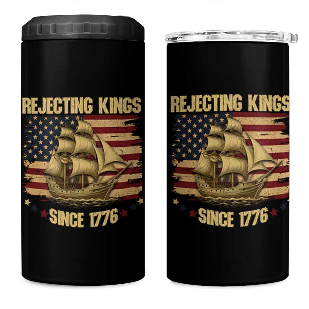 Rejecting Kings Since 1776 4 in 1 Can Cooler Tumbler Historic Ship Sailboat Distressed American Flag
