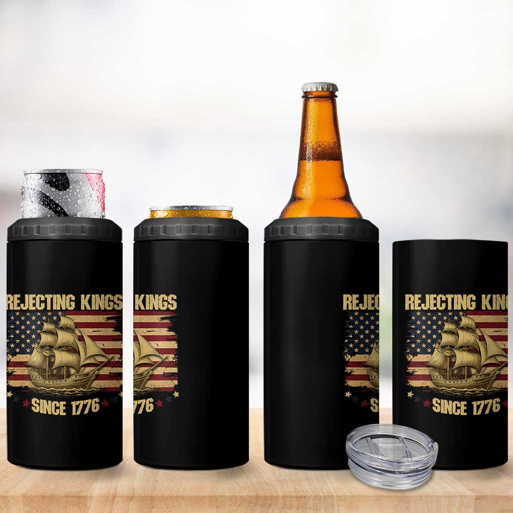 Rejecting Kings Since 1776 4 in 1 Can Cooler Tumbler Historic Ship Sailboat Distressed American Flag