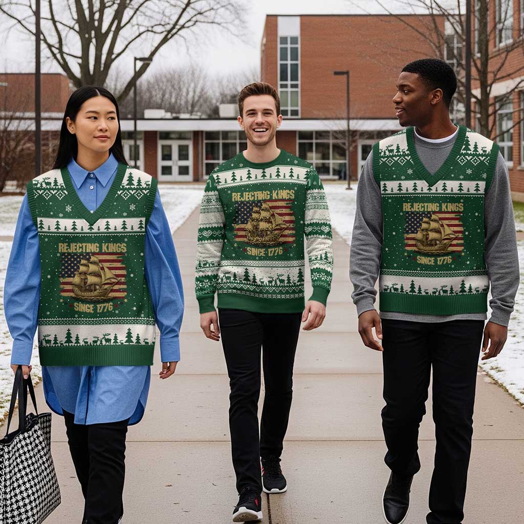 Rejecting Kings Since 1776 V-Neck Knit Sweater Vest Historic Ship Sailboat Distressed American Flag - Wonder Print Shop