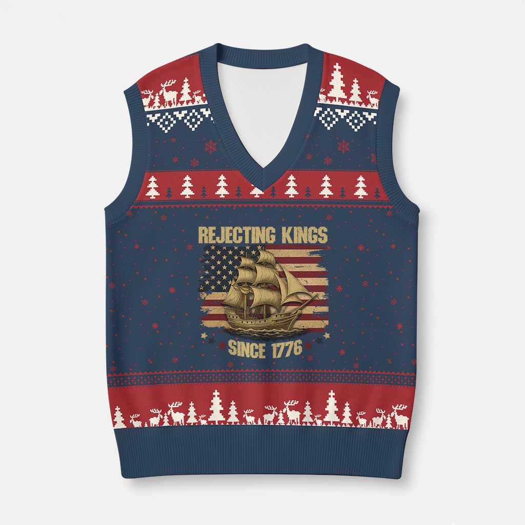 Rejecting Kings Since 1776 V-Neck Knit Sweater Vest Historic Ship Sailboat Distressed American Flag - Wonder Print Shop