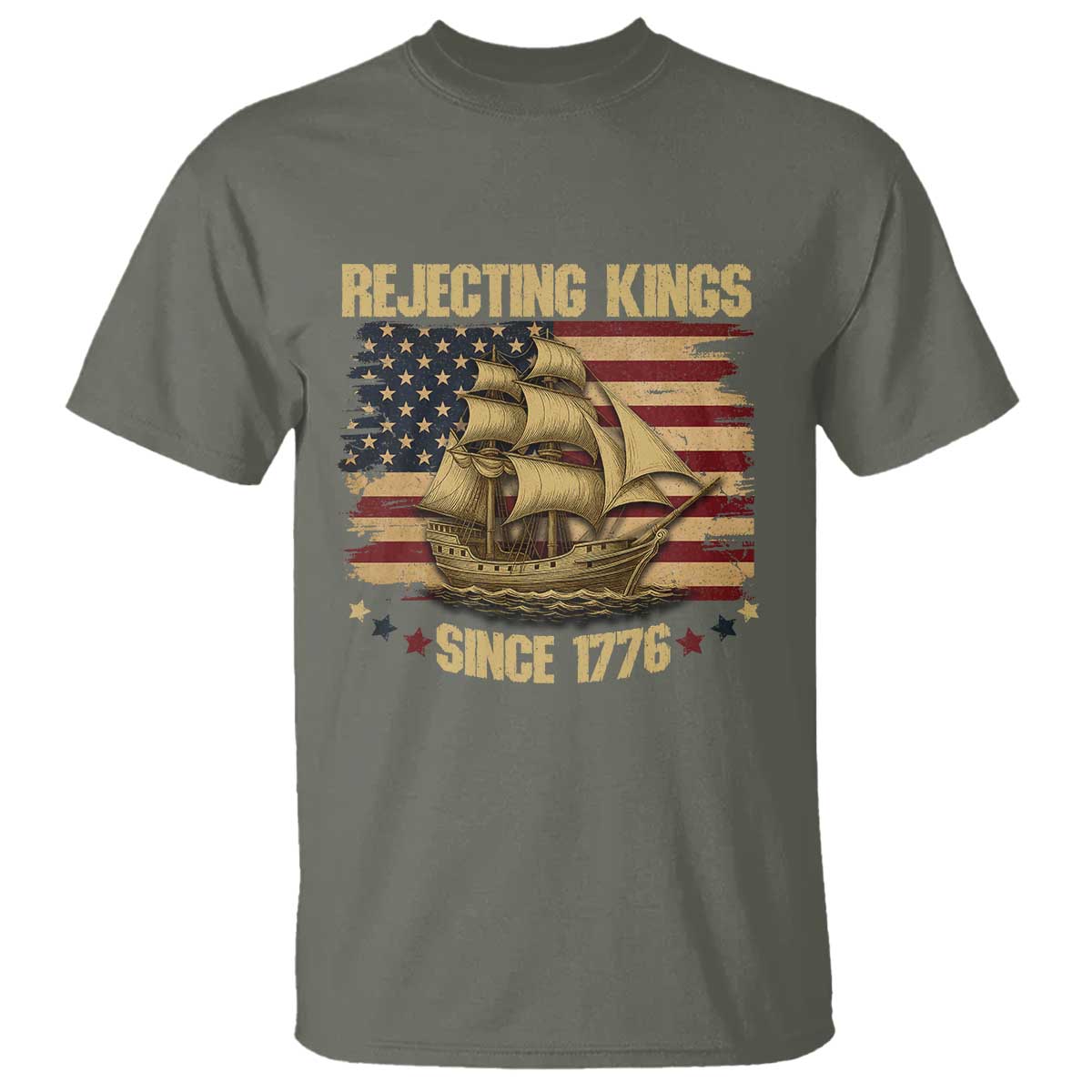 Rejecting Kings Since 1776 T Shirt Historic Ship Sailboat Distressed American Flag