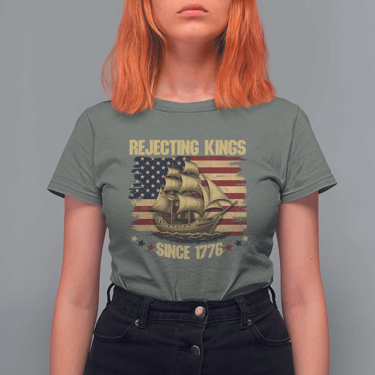 Rejecting Kings Since 1776 T Shirt For Women Historic Ship Sailboat Distressed American Flag