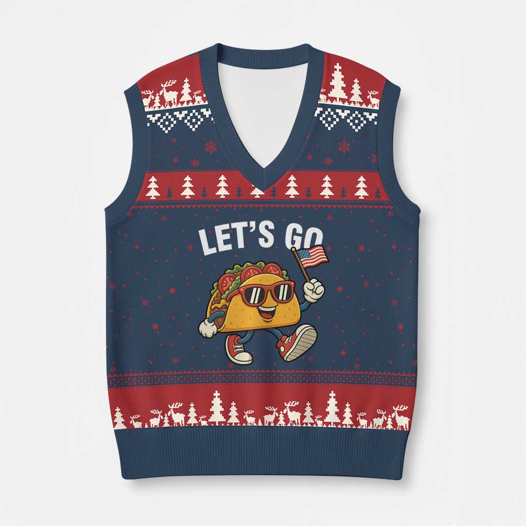 Let’s Go Taco Patriotic V-Neck Knit Sweater Vest Funny 4th of July Food Humor - Wonder Print Shop