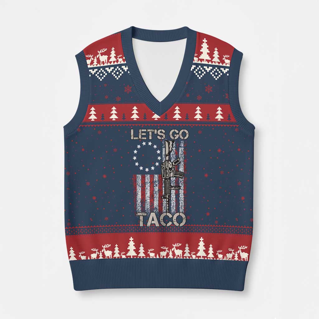 Let’s Go Taco Betsy Ross Flag V-Neck Knit Sweater Vest Vintage Patriotic Rifle Gun Rights - Wonder Print Shop