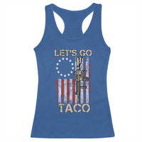 Let’s Go Taco Betsy Ross Flag Racerback Tank Top Vintage Patriotic Rifle Gun Rights