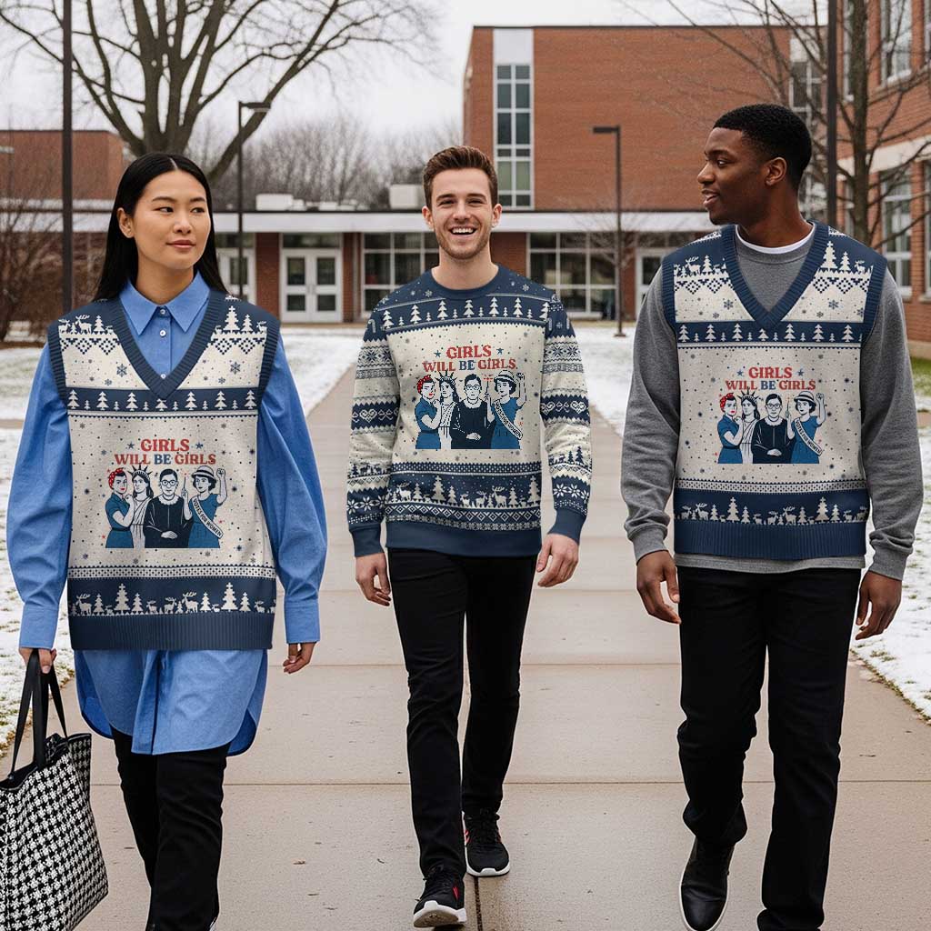 Patriotic Feminist Empowerment V-Neck Knit Sweater Vest Girl Will Be Girls Womens Rights 4th of July - Wonder Print Shop