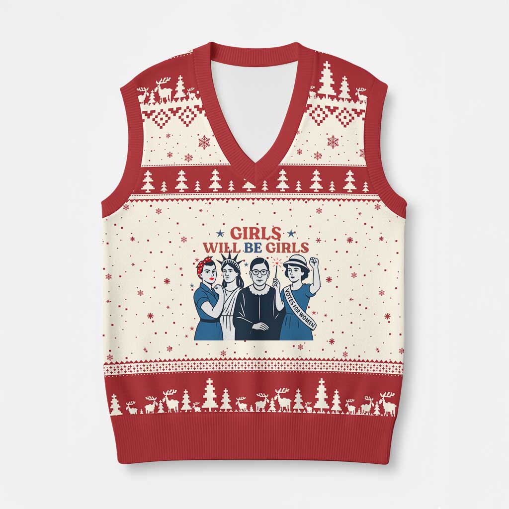 Patriotic Feminist Empowerment V-Neck Knit Sweater Vest Girl Will Be Girls Womens Rights 4th of July - Wonder Print Shop