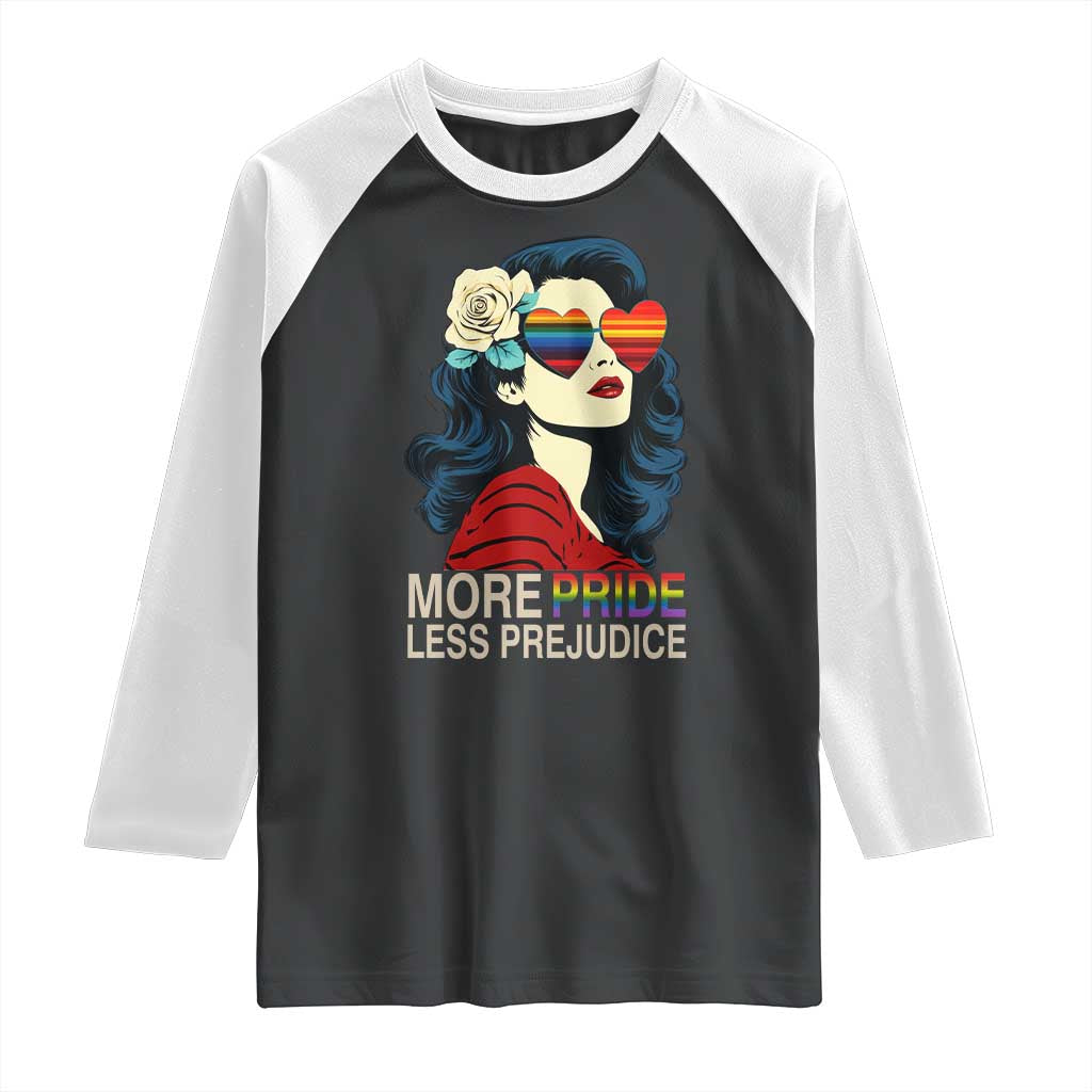 More Pride Less Prejudice Raglan Shirt Retro Pride Month LGBTQ Feminist - Wonder Print Shop
