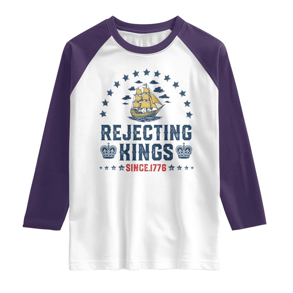 Rejecting Kings Since 1776 Raglan Shirt Vintage Patriotic Ship No King In America