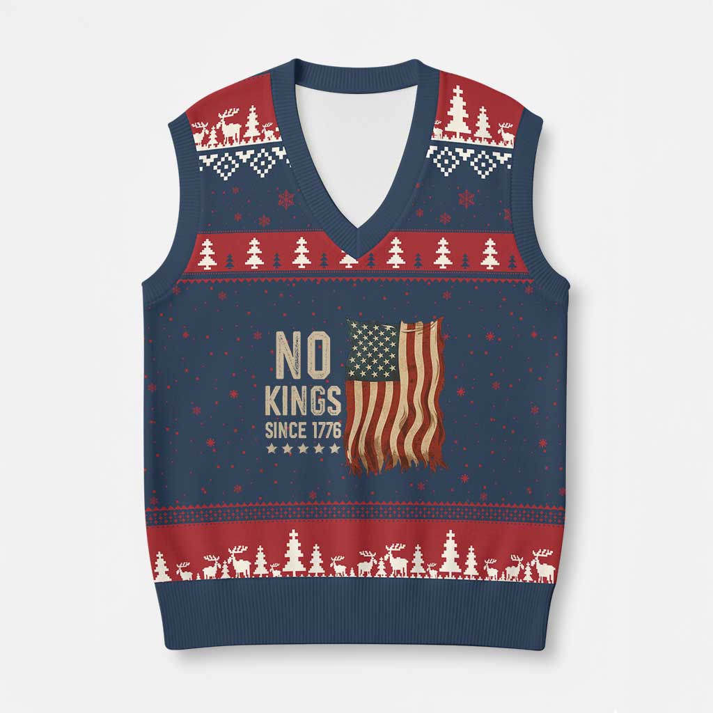 No Kings Since 1776 V-Neck Knit Sweater Vest Patriotic 4th Of July Distressed American Flag - Wonder Print Shop
