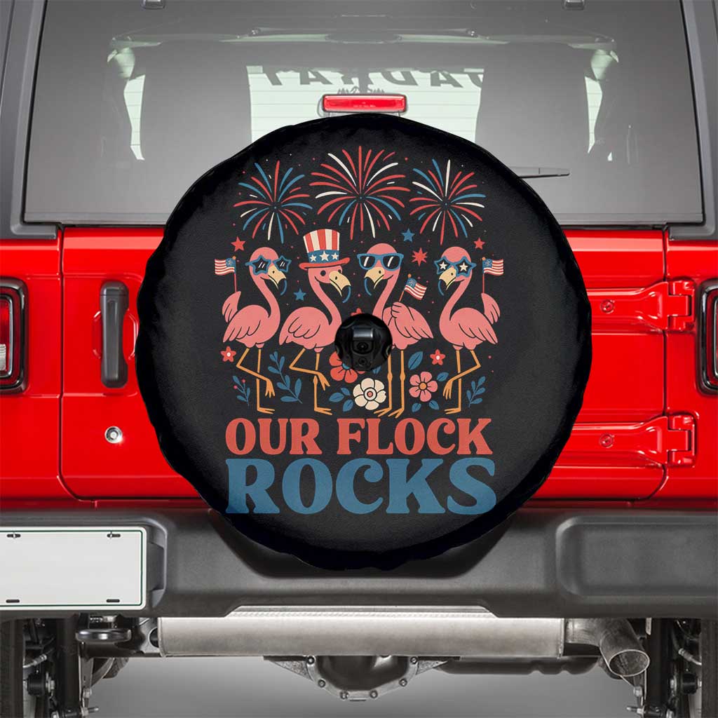 Our Flock Rocks Patriotic Flamingo Spare Tire Cover Funny 4th of July Family Matching - Wonder Print Shop