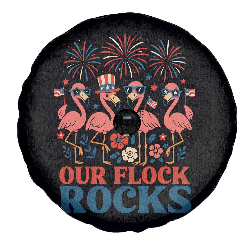 Our Flock Rocks Patriotic Flamingo Spare Tire Cover Funny 4th of July Family Matching - Wonder Print Shop
