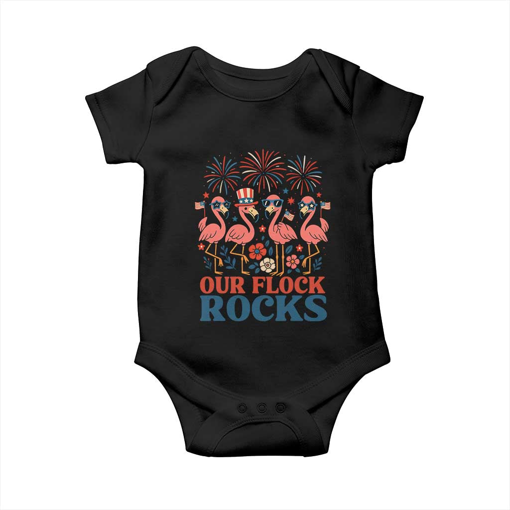 Our Flock Rocks Patriotic Flamingo Baby Onesie Funny 4th of July Family Matching - Wonder Print Shop